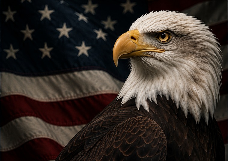 Bald eagle with American flag